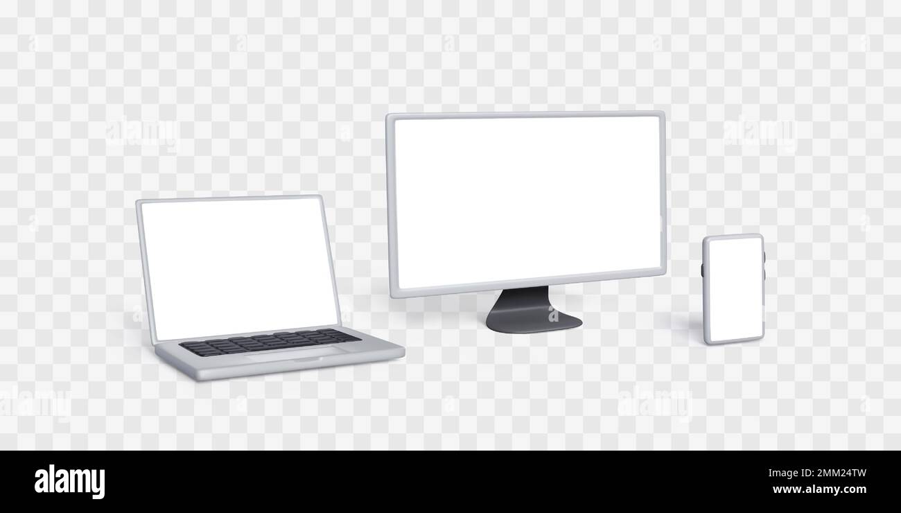 Laptop, monitor PC e smartphone. Set di gadget 3D con schermi bianchi. Modello realistico di dispositivi informatici per la progettazione di banner aziendali. Vettore Illustrazione Vettoriale