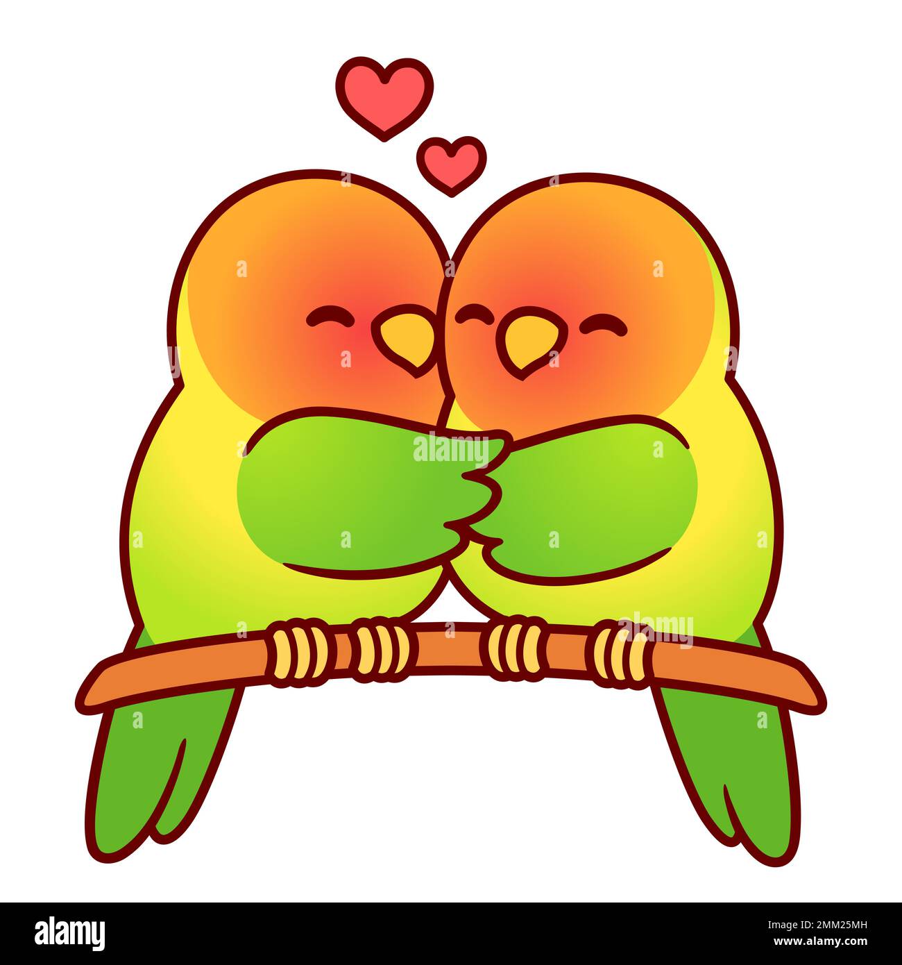 Carino pappagalli lovebird coppia abbraccio. Simpatici uccelli innamorati. Illustrazione vettoriale del biglietto d'auguri di San Valentino. Illustrazione Vettoriale