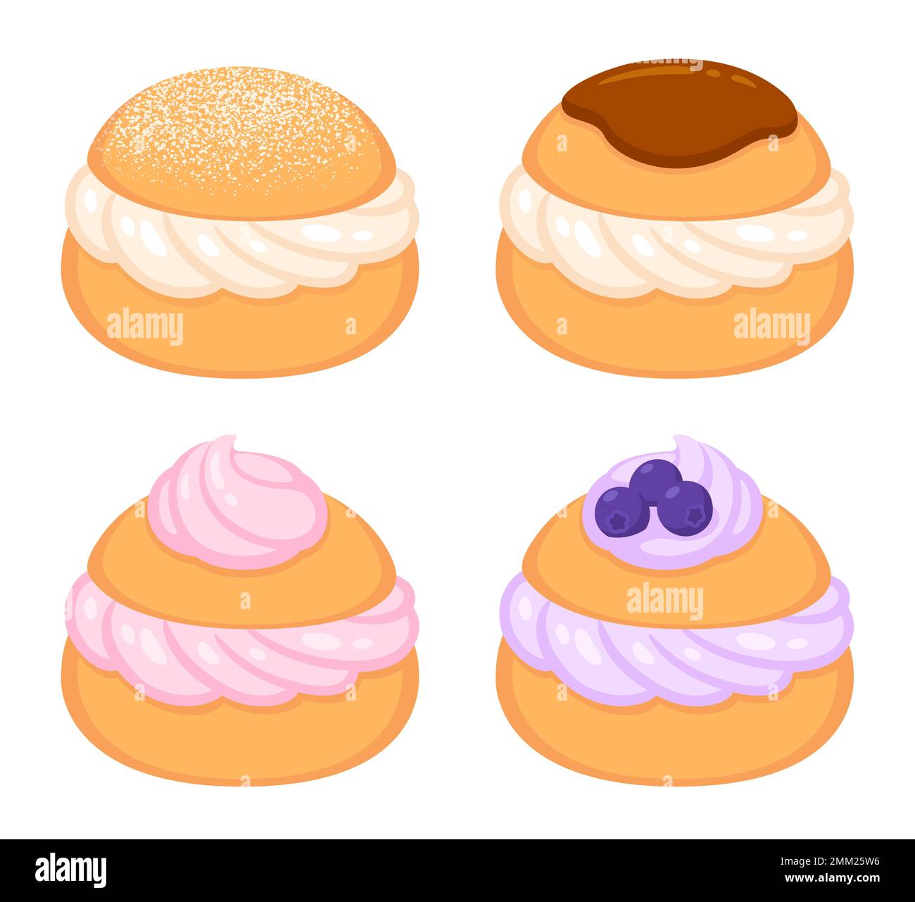 Pasta Choux con ripieno di panna montata, set di panini dolci. Illustrazione di clip vettoriali cartoni animati. Illustrazione Vettoriale