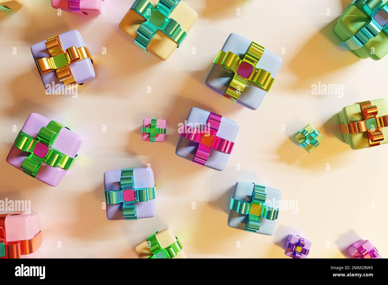 Confezioni regalo multicolore su sfondo beige pastello. Vista dall'alto rendering 3D Foto Stock