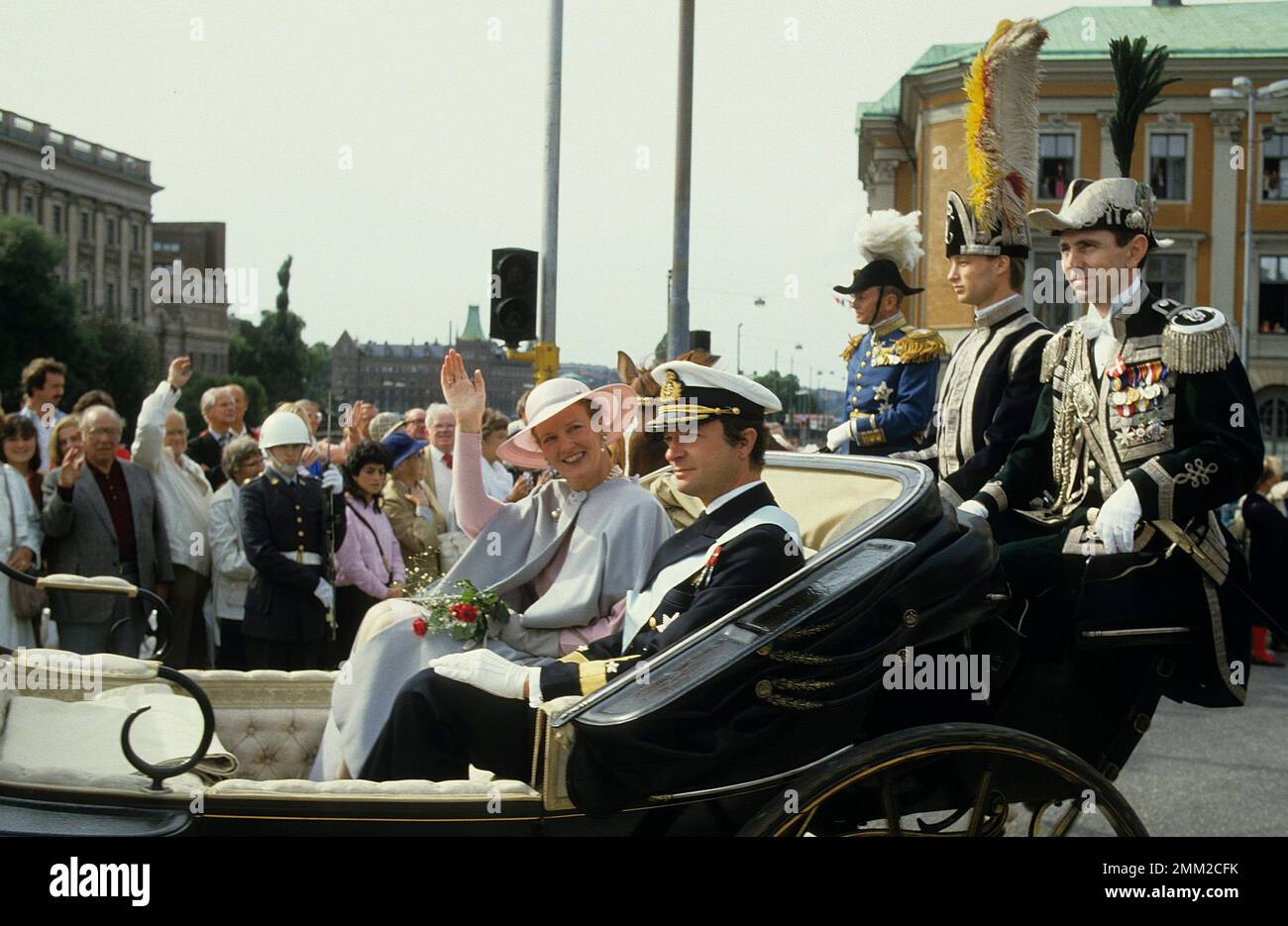 Carl XVI Gustaf, re di Svezia. Nato il 30 aprile 1946. Il re Carlo XVI Gustaf con la regina Margrethe di Danimarca 1985. Foto Stock