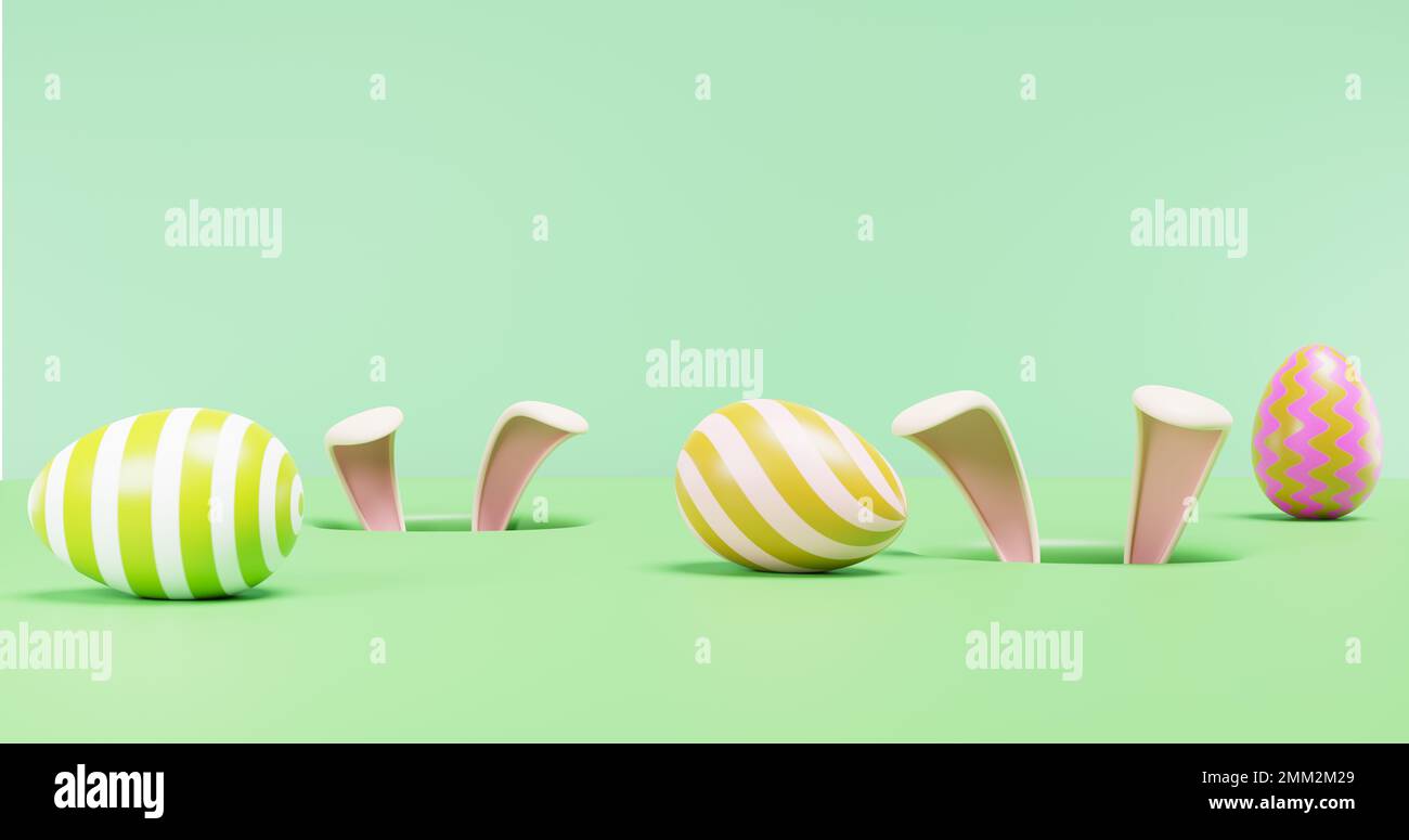 Pasqua. Orecchie di coniglio bastone fuori del buco in cerca di uova su uno sfondo verde. Rendering minimalismo 3D Foto Stock