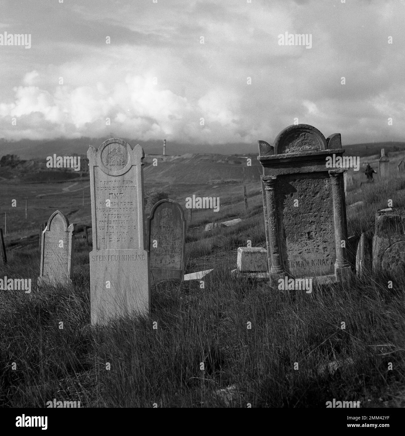 Resti di un cimitero ebraico a Jelšava, Slovacchia. Concentratevi sulle vecchie lapidi, l'area mineraria di magnezite sullo sfondo sfocato. Ripresa con telecamera analogica 6x6. Foto Stock