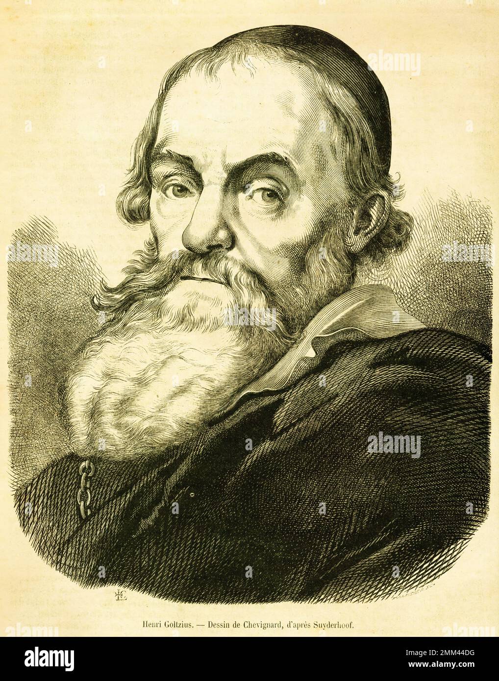 Ritratto di Hendrik Goltzius, printmaker olandese, disegnatore e pittore. Nacque nel 1558 vicino a Venlo, Olanda, e morì il 1 gennaio 1617, Haarle Foto Stock