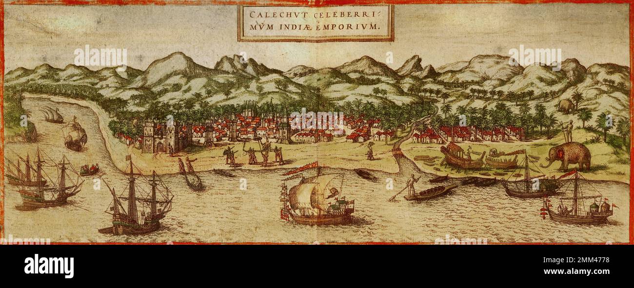 Vista dall'alto della città indiana di Calcutta. Nome latino originale Calechut celebrerrimum Indiae emporium. Foto Stock