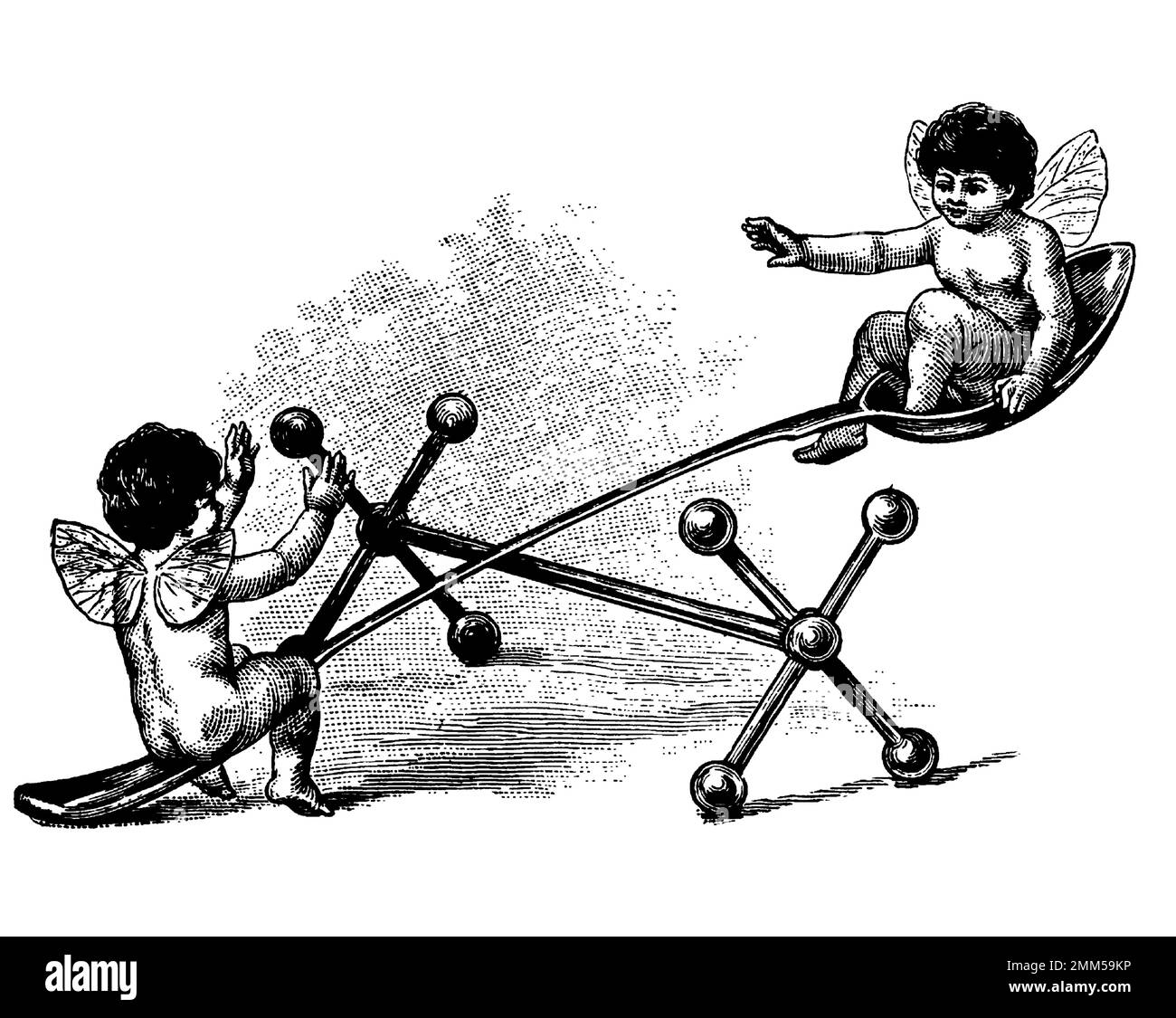 Immagine antica di due cherubini che giocano su un cucchiaio (isolato su bianco). Pubblicato in Systematischer Bilder-Atlas zum Conversations-Lexikon, Ikonog Foto Stock