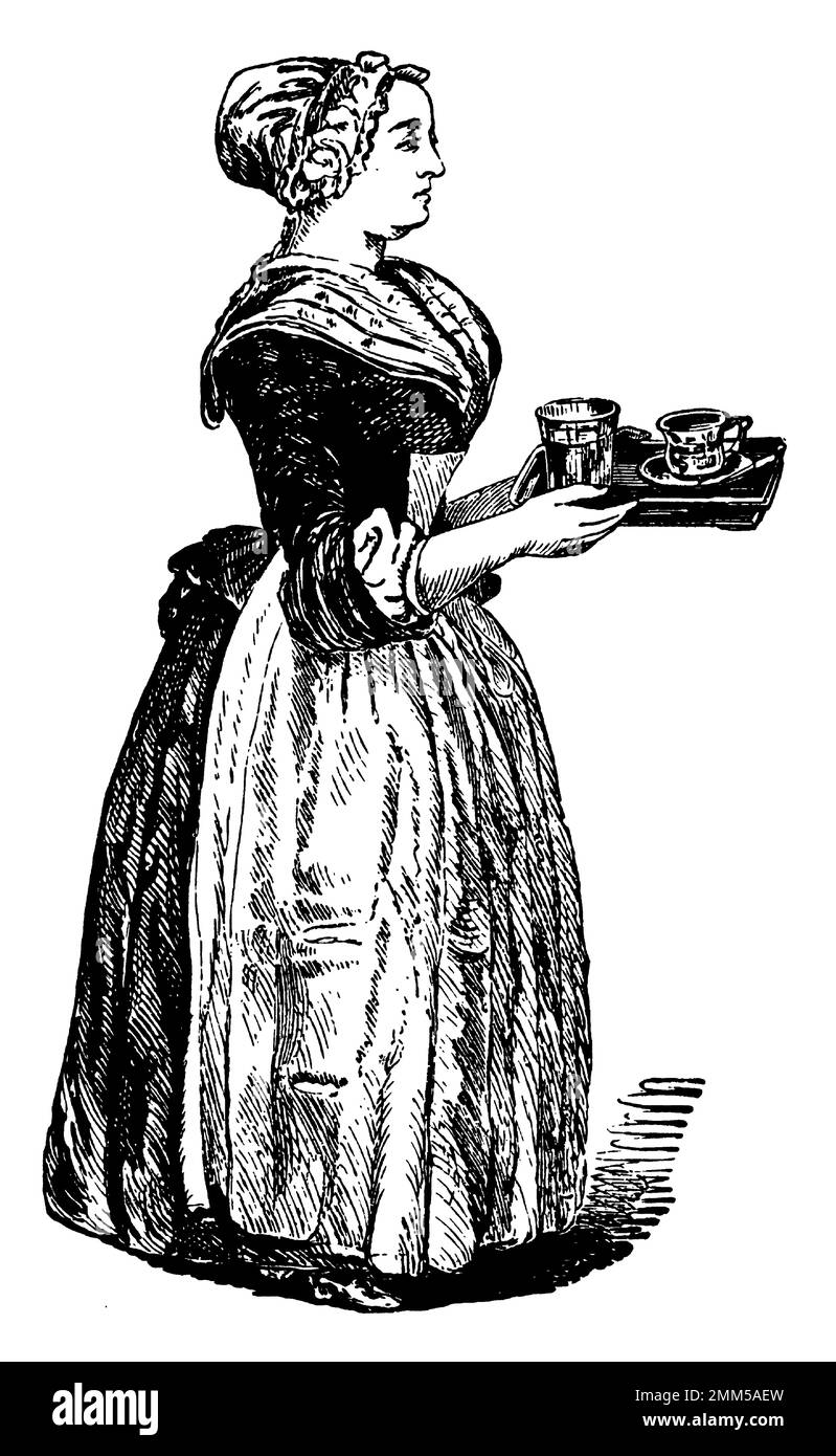 illustrazione del 19th° secolo di una cameriera che serve il tè (isolata su bianco). Pubblicato in Systematischer Bilder-Atlas zum Conversations-Lexikon, Ikonographisc Foto Stock