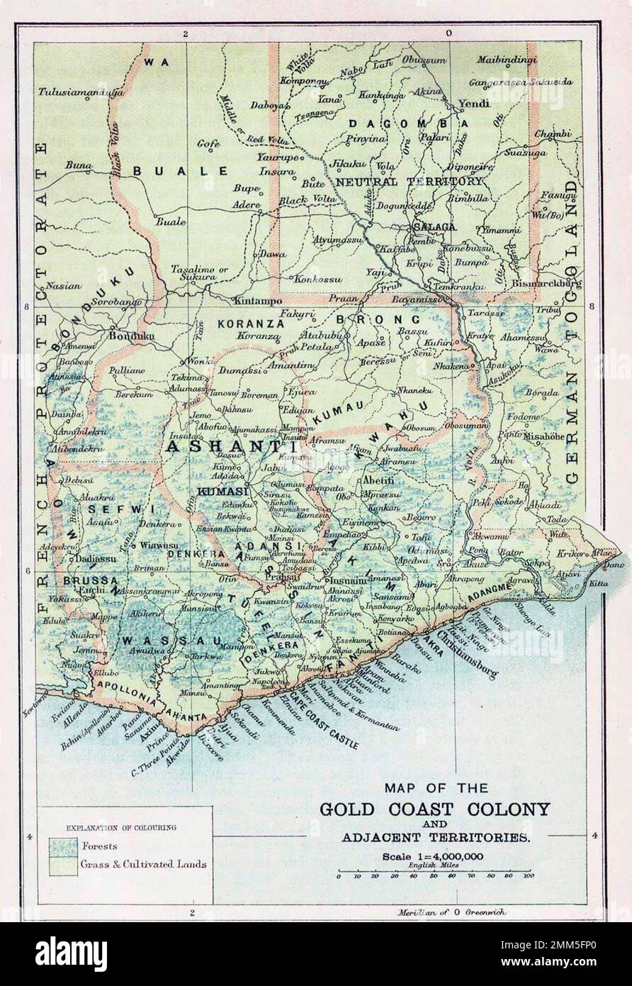 Mappa dal 1896 della colonia britannica della Gold Coast (oggi Ghana). Foto Stock