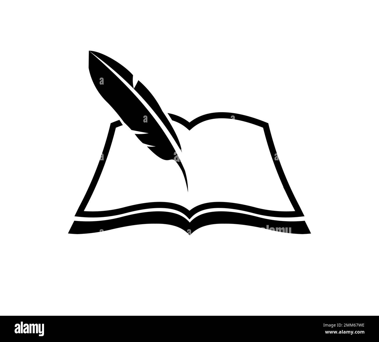 Quill, libro aperto, design classico con logo di cancelleria. Concetto di attrezzatura di scrittura vintage. Adatto per la formazione, l'autore, o la pubblicazione di disegni vettoriali. Illustrazione Vettoriale