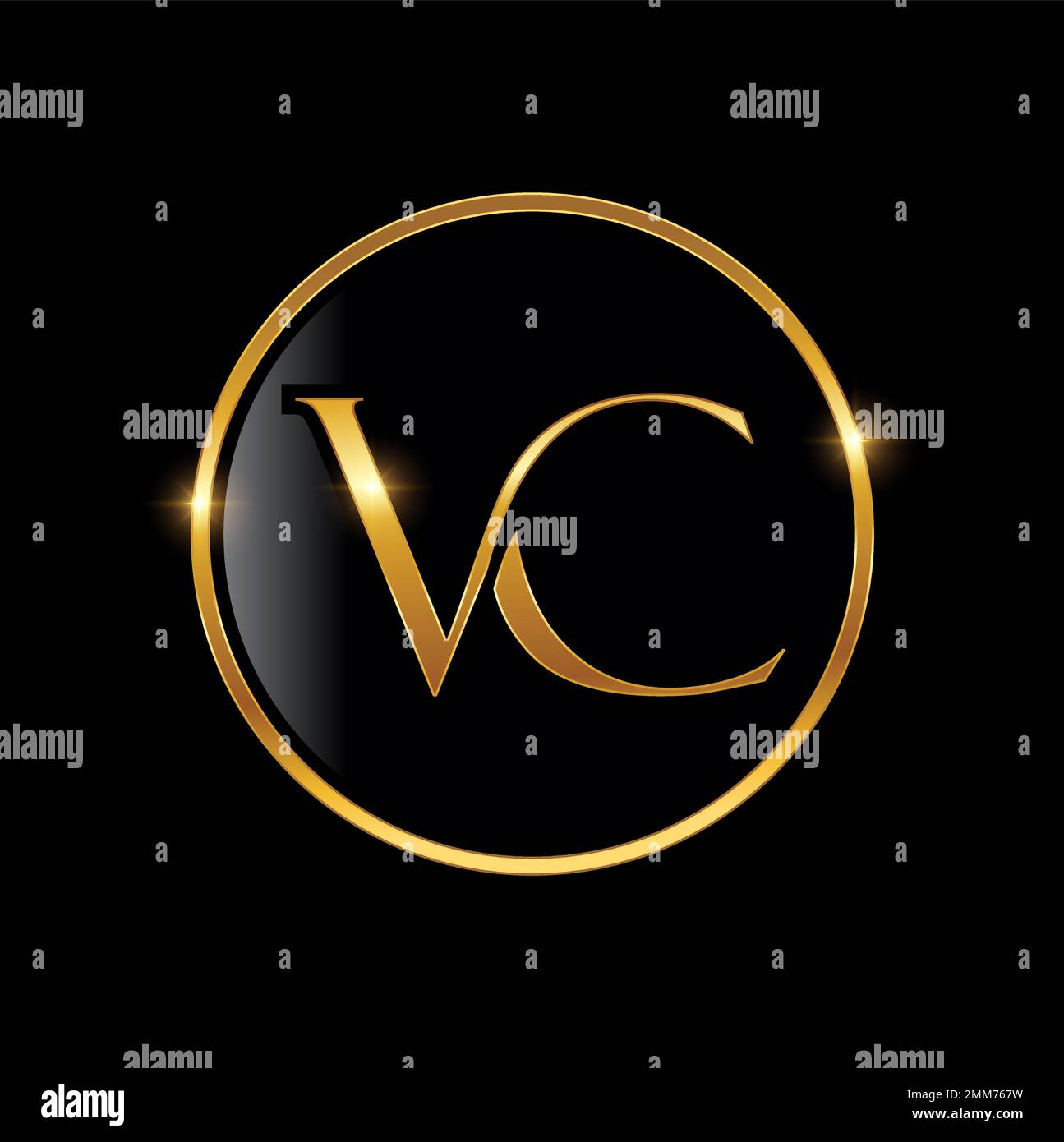 A Vector Illustration of Golden VC Monogram Initial Logo Sign in black background with gold shine effect Illustrazione Vettoriale