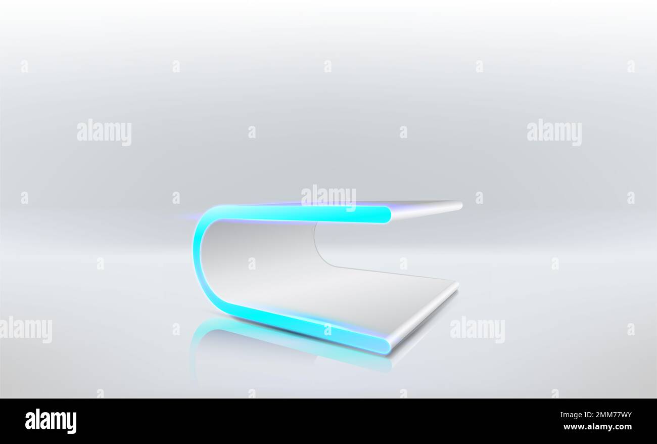 Podio tecnologico bianco per la presentazione dei prodotti. Futuristico piedistallo con piattaforma vuota sci-fi. Podio scientifico con luci al neon bianche. Modello 3D. Foto Stock