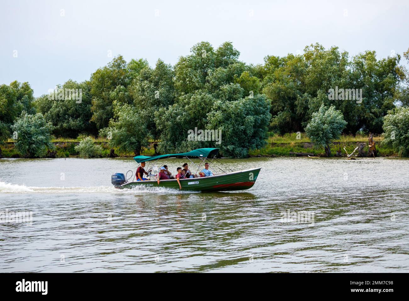 I turisti in un tour in barca nel delta del danubio Foto Stock