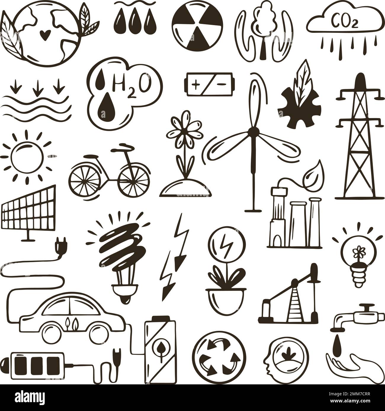 Verde energia doodle set. Ecologia, concetto di schizzo ambientale. Le mani disegnano eco elementi, isolato lampada neoterica, batteria, wingmill raccolta vettori Illustrazione Vettoriale