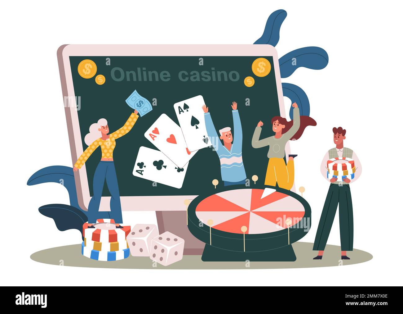 I vincitori del casinò su Internet. Personaggi uomo e donna che giocano alla roulette con slot, carte. Concetto di gioco d'azzardo online Illustrazione Vettoriale