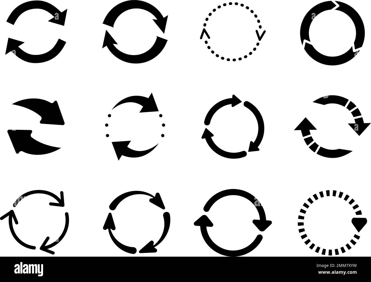 Icone nere delle frecce di ricarica. Frecce circolari, loop isolati o segni rotondi di rotazione. Ambiente e riciclare, ripristinare ripetizione e aggiornamento pittogramma decent Illustrazione Vettoriale