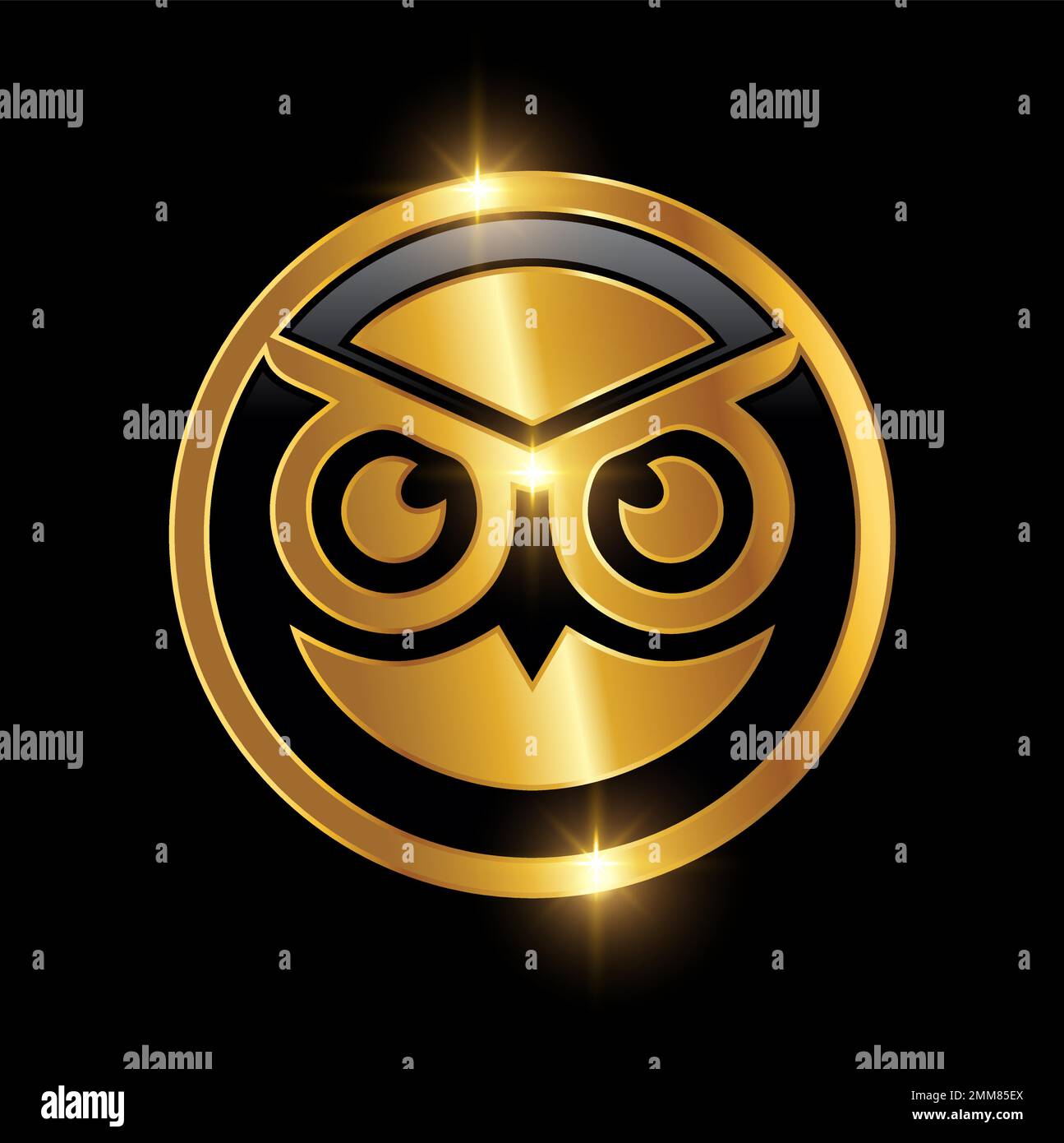 Un'illustrazione vettoriale di simbolo della testa della gufo dorato segno in fondo nero con effetto lucentezza oro Illustrazione Vettoriale