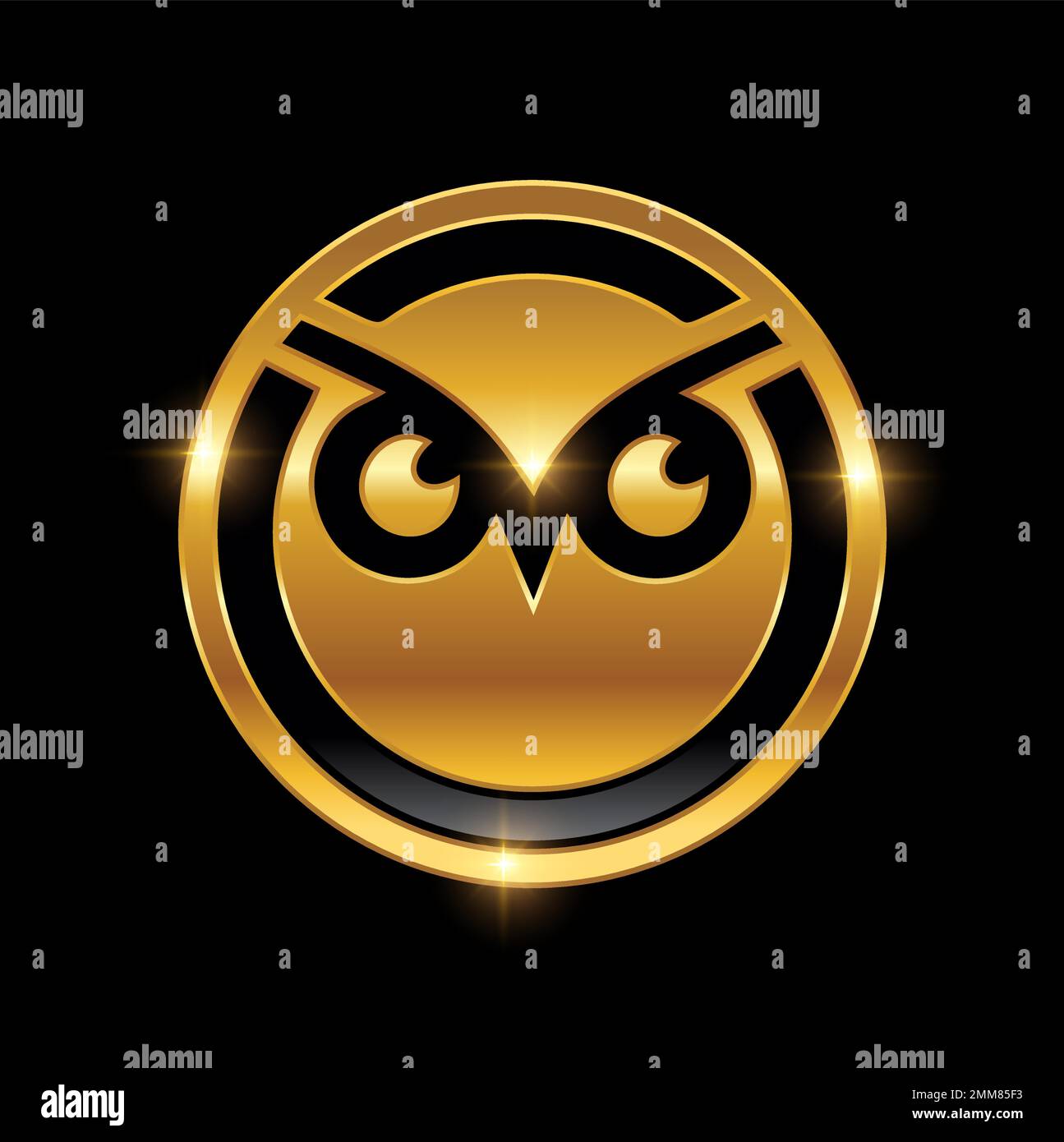 Un'illustrazione vettoriale di simbolo della testa della gufo dorato segno in fondo nero con effetto lucentezza oro Illustrazione Vettoriale