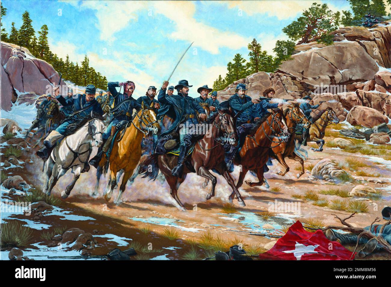 Un dipinto raffigurante oresemen unionisti che avanzano al Passo di Glorieta. La Battaglia di Glorieta Pass (26–28 marzo 1862) nel nord del New Mexico Territory, fu la battaglia decisiva della campagna del New Mexico durante la guerra civile americana. Foto Stock