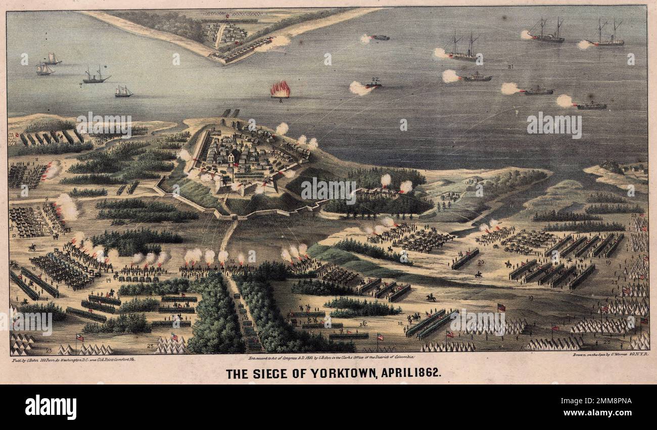 Una mappa dell'assedio di Yorktown durante la guerra civile americana nel 1862. L'assedio di Yorktown fu combattuto dal 5 aprile al 4 maggio 1862. La battaglia fu inconcludente, mentre le forze del Conferderato si tirarono fuori dalle loro posizioni di notte, scappando intatte a Williamsberg. Foto Stock