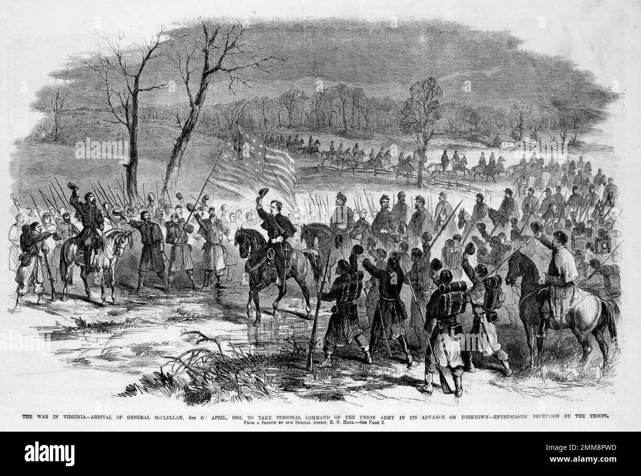 Arrivo del generale McClellan, 5th aprile 1862, per assumere il comando personale dell'esercito dell'Unione in suo anticipo su Yorktown. L'assedio di Yorktown fu combattuto dal 5 aprile al 4 maggio 1862. La battaglia fu inconcludente, mentre le forze del Conferderato si tirarono fuori dalle loro posizioni di notte, scappando intatte a Williamsberg. Foto Stock