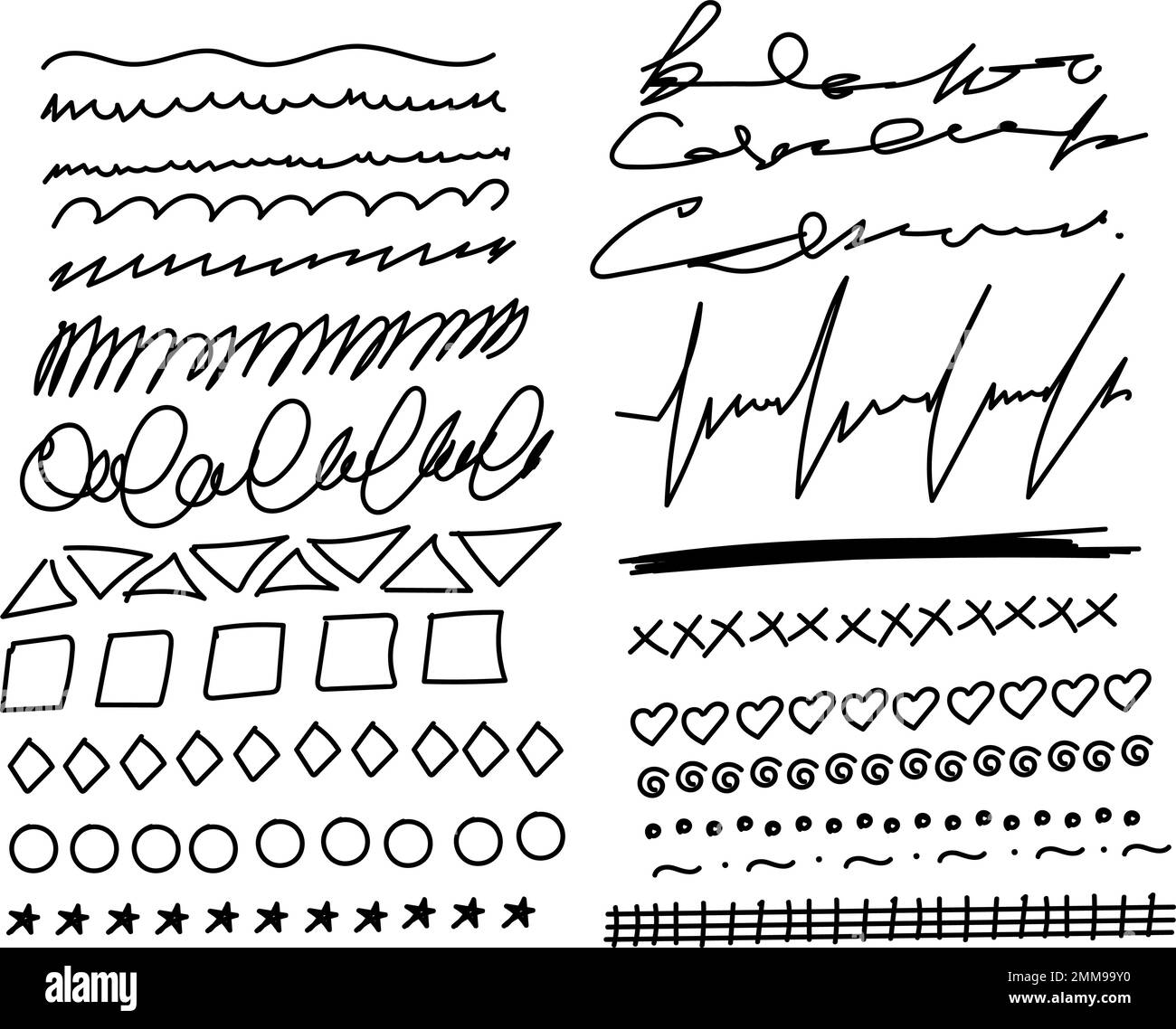 Set di linee disegnate a mano, tratti di schizzo, scarabocchi ed elementi di progettazione isolati su bianco. Spazzole stile Doodle. Illustrazione monocromatica del vettore eps10. Illustrazione Vettoriale