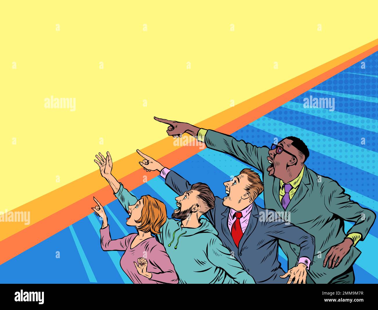 La gente punta con la loro mano. Template annuncio pubblicità news vendita. Uomo d'affari donna uomo Pop art stile Illustrazione Vettoriale