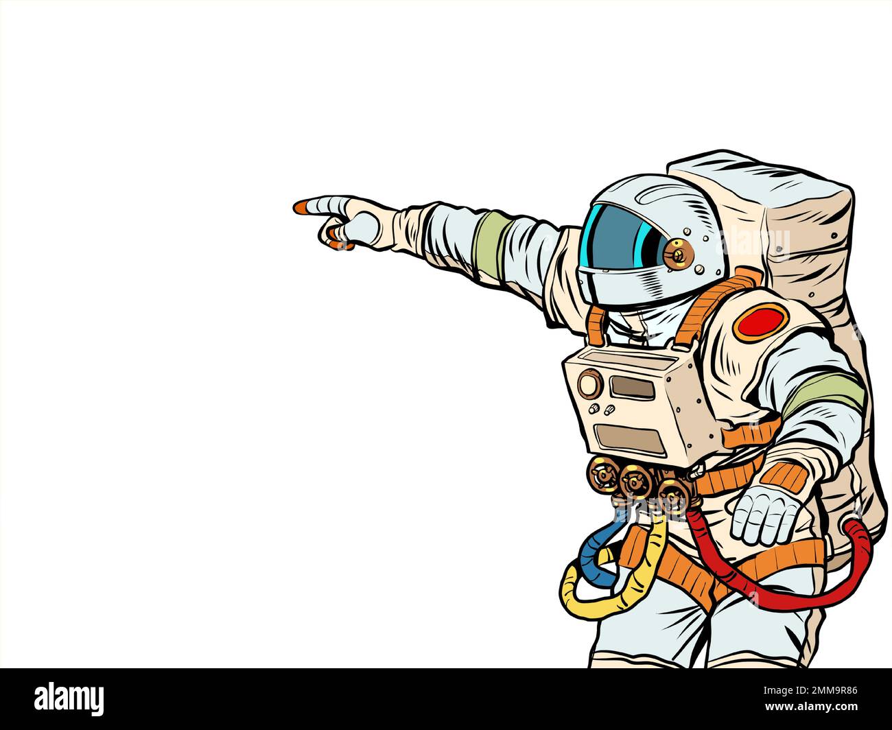 Scienza spaziale astronauta. La gente punta con la loro mano. Template annuncio pubblicità news vendita. Stile pop art Illustrazione Vettoriale