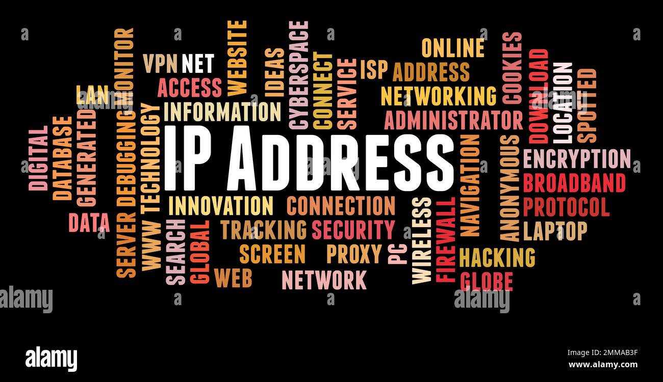 Indirizzo IP in lingue diverse concetto di parola cloud su sfondo nero. Foto Stock