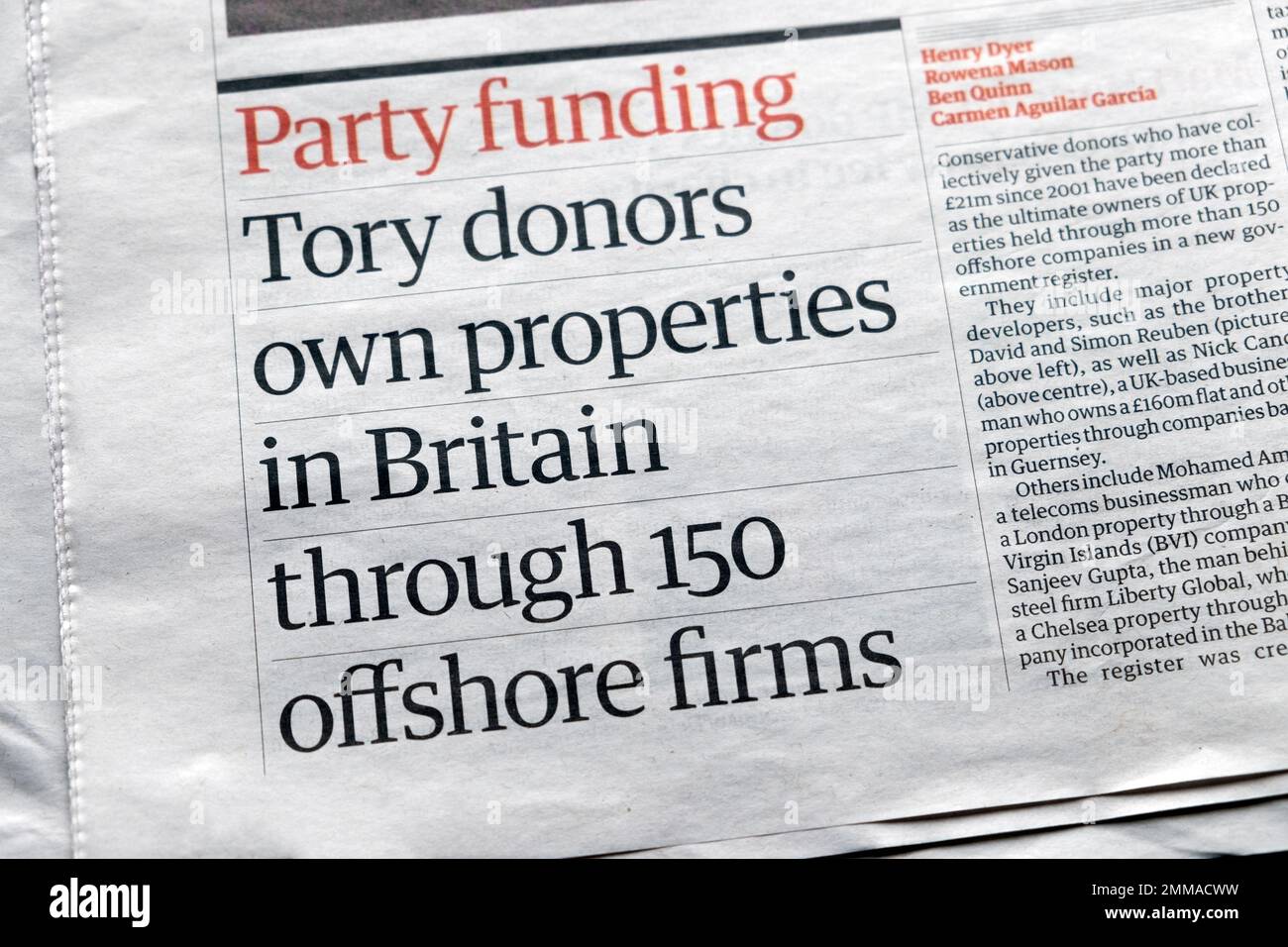 Conservatore 'Funding Party Tory donatori possiedono proprietà in Gran Bretagna attraverso 150 società offshore' Guardian giornale articolo 27 gennaio 2023 Regno Unito Foto Stock