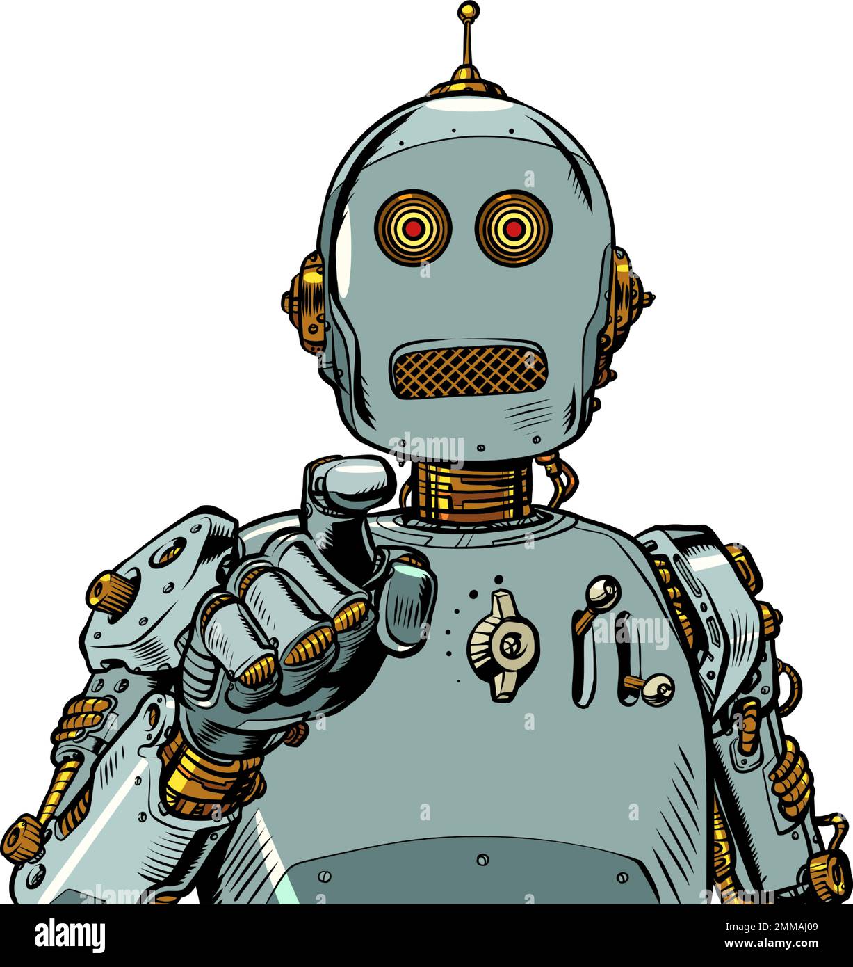 Il robot punta con un dito. Intelligenza artificiale riconoscimento di viso e persona. Identificazione ai Illustrazione Vettoriale