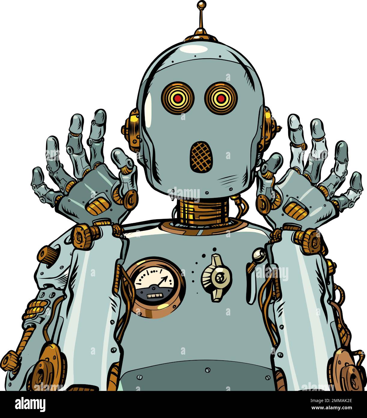 il robot spaventato ha alzato le mani di sorpresa. Emozioni dell'intelligenza artificiale. Meccanismo retrò Illustrazione Vettoriale
