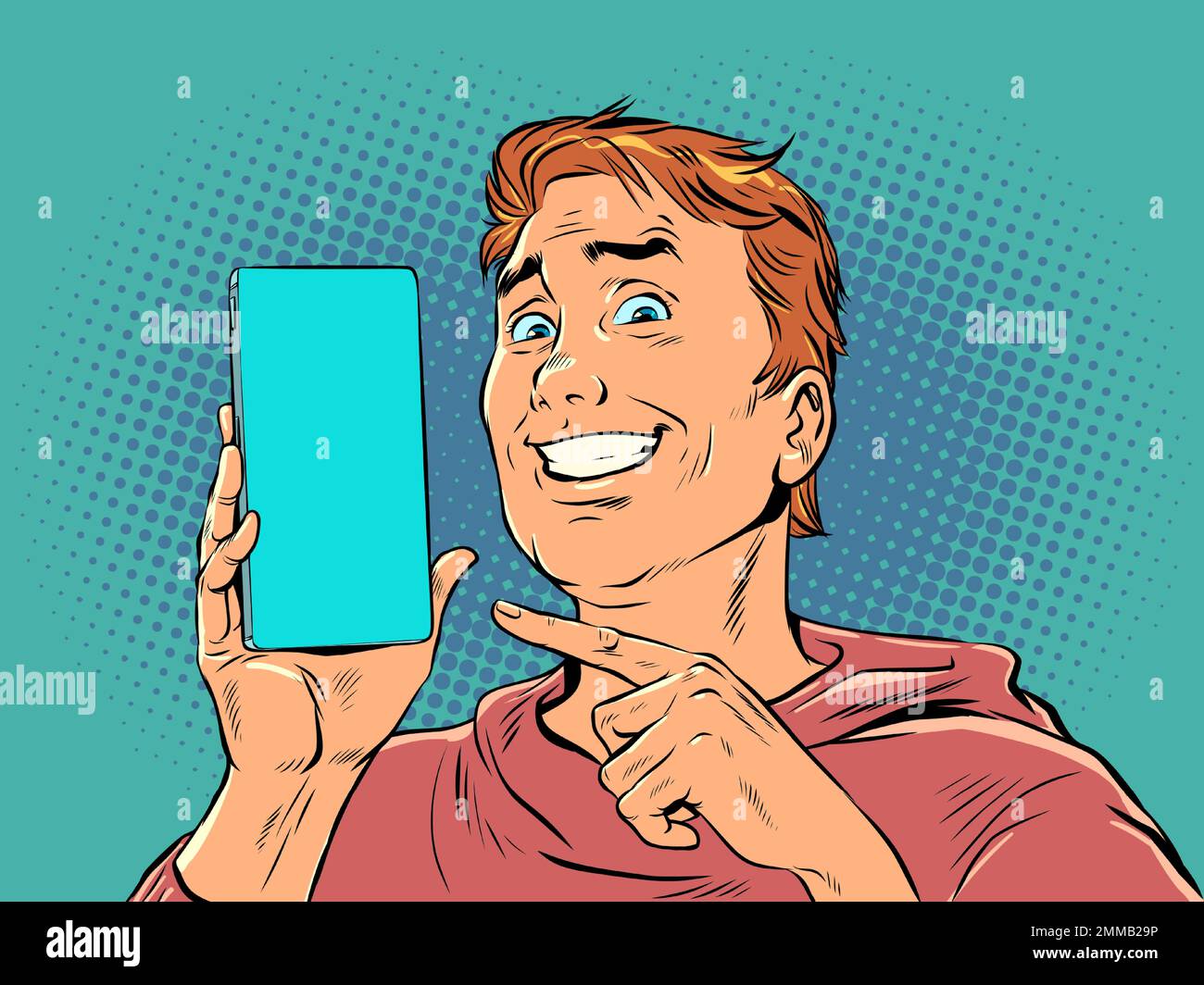 Un uomo con i capelli rossi sorride e punta al telefono. Dimostrazione del prodotto o offerta su smartphone. La gioia di un acquisto perfetto. Pop Art retro Illustrazione Vettoriale