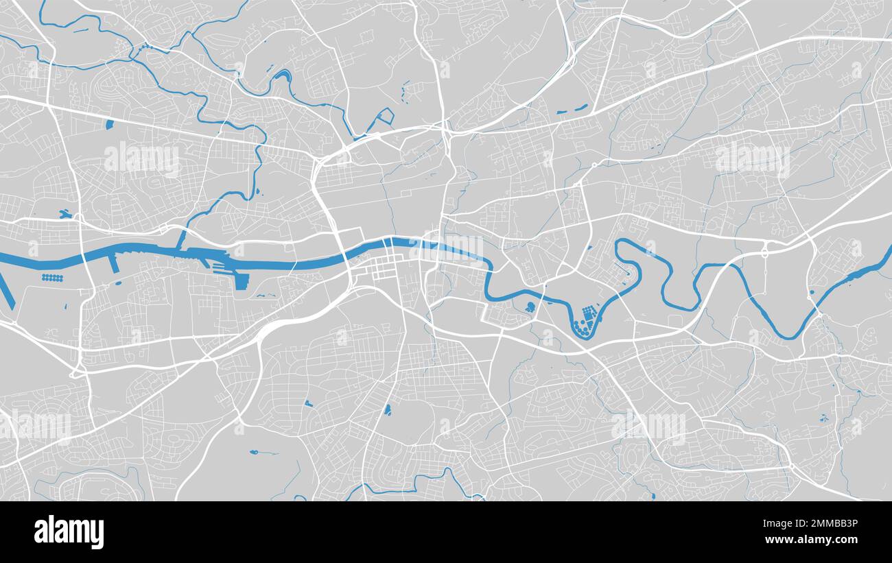 Mappa del fiume Clyde, città di Glasgow, Scozia. Corso d'acqua, flusso d'acqua, blu su sfondo grigio Road map. Illustrazione vettoriale, silhouette dettagliata. Illustrazione Vettoriale