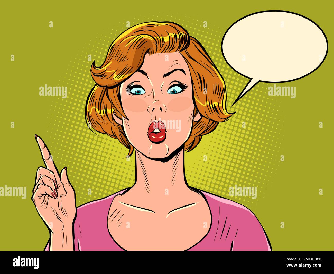 pop art sorpresa donna mostrando la direzione con il dito indice. Attenzione gossip notizie Illustrazione Vettoriale