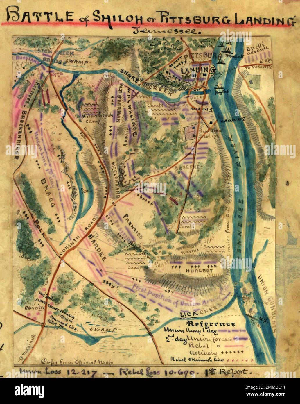 La battaglia di Shiloh (o Battaglia di Pittsburg Landing) fu combattuta il 6-7 aprile 1862 nella guerra civile americana. Due eserciti dell'Unione si combinarono per sconfiggere l'esercito confederato del Mississippi. Grant era il comandante dell'Unione, mentre il generale Albert Sidney Johnston, morto per perdita di sangue dopo una ferita alla gamba durante la battaglia, era il comandante confederato. Questa immagine mostra una mappa contemporanea della battaglia. Foto Stock