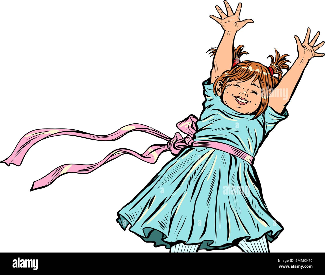 La bambina sorridente alzò le mani. Buona infanzia. Pop art retro grafica vettoriale kitsch vintage stile 50s 60s Illustrazione Vettoriale