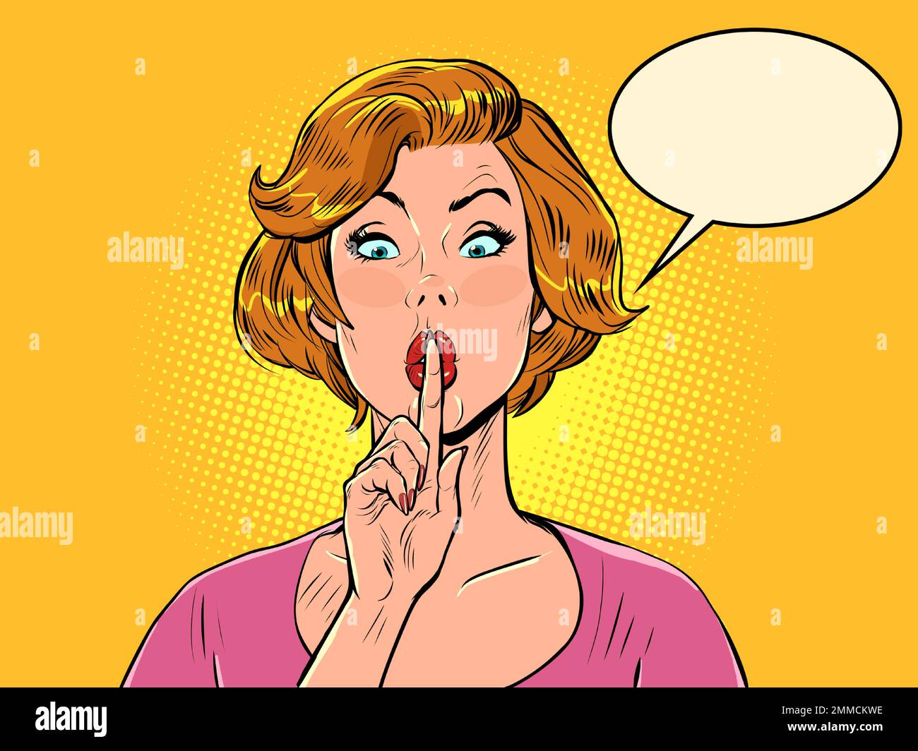 pop art sorpresa donna ha premuto il dito sulle labbra. Silenzio gossip news retro vettoriale illustrazione 50s 60s stile kitsch vintage Illustrazione Vettoriale