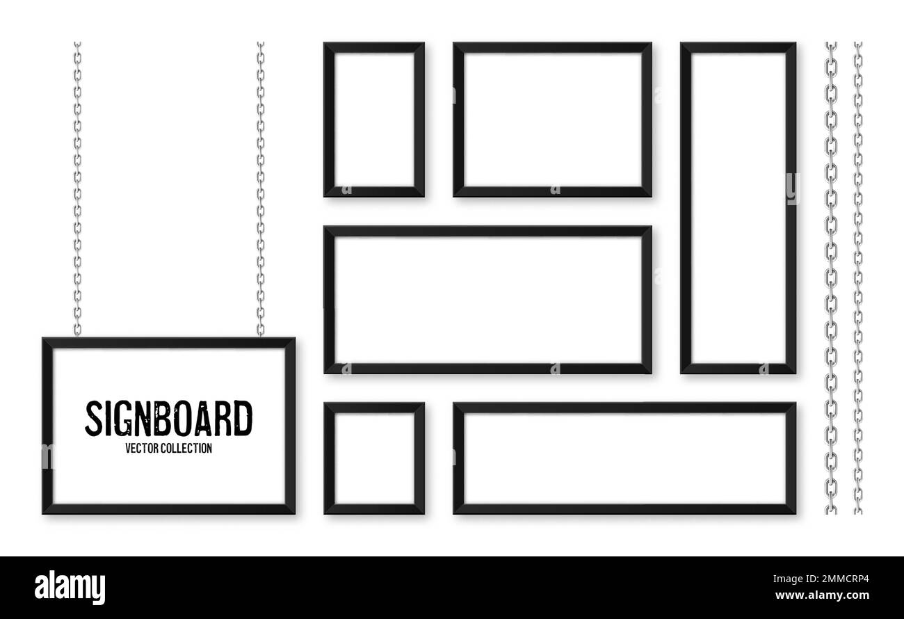 Cartelli neri appesi su una catena metallica. Menu del ristorante. Moderno poster mockup. Foto o cornice vuota. Pubblicità o presentazione Illustrazione Vettoriale