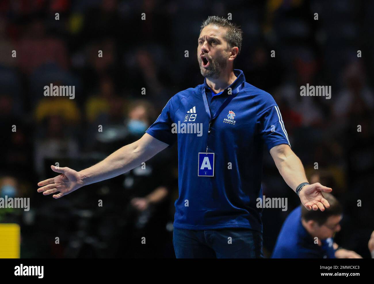 29 gennaio 2023, Svezia, Stoccolma: Pallamano: Coppa del mondo, finale Francia - Danimarca all'Ergo Arena. La vettura francese Guillaume Gille reagisce delusa. Foto: Jan Woitas/dpa Foto Stock