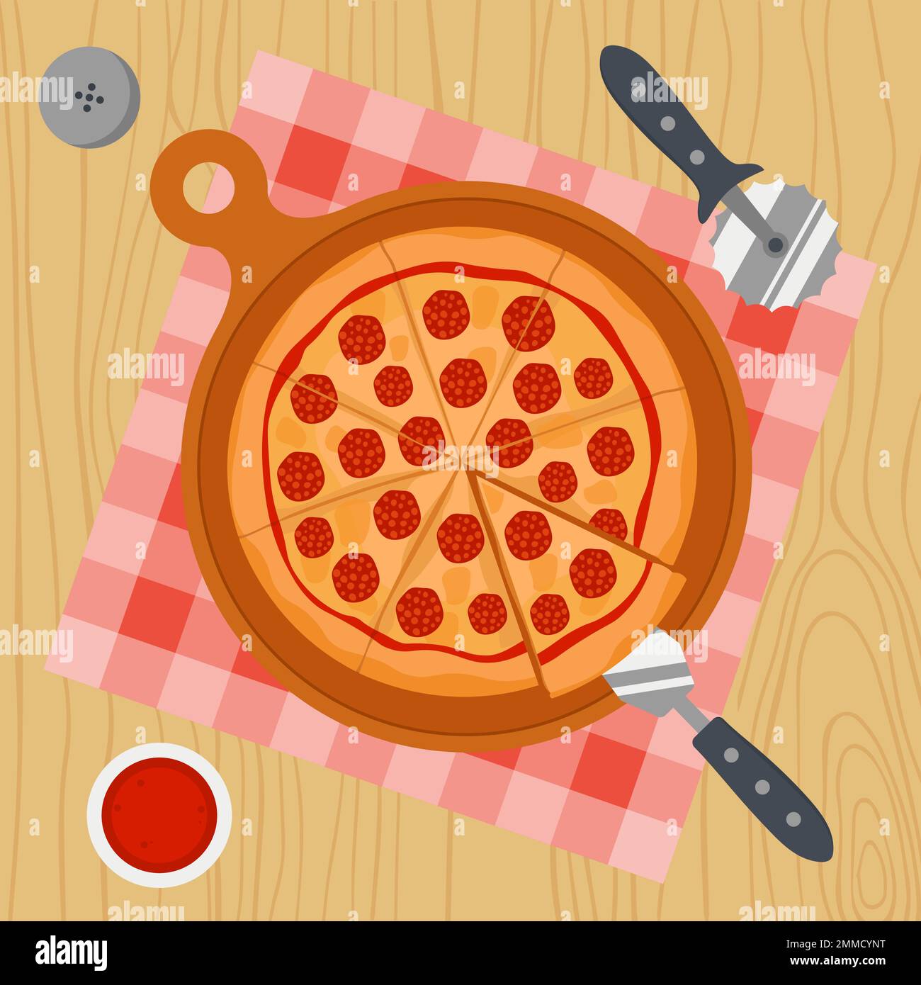 Concetto di pizza fatta in casa sul tavolo con coltello. Cucinare, Eat Vector Illustration in stile piatto Illustrazione Vettoriale