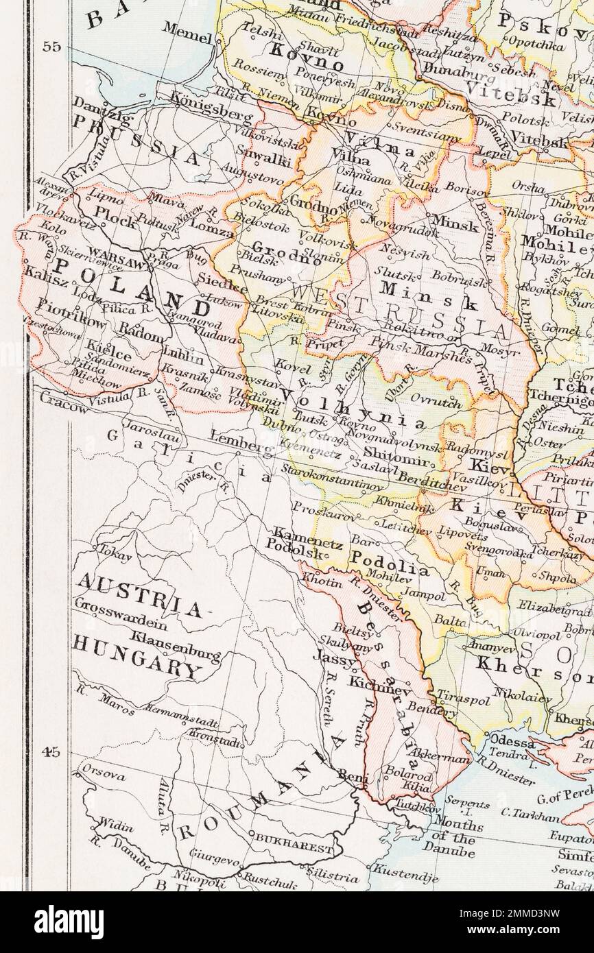 c. 1900 carta dell'atlante pre-WW1 della Polonia in Europa e in relazione all'Impero Austria-Ungheria. Anche pre-sovietico Polonia Times. Foto Stock