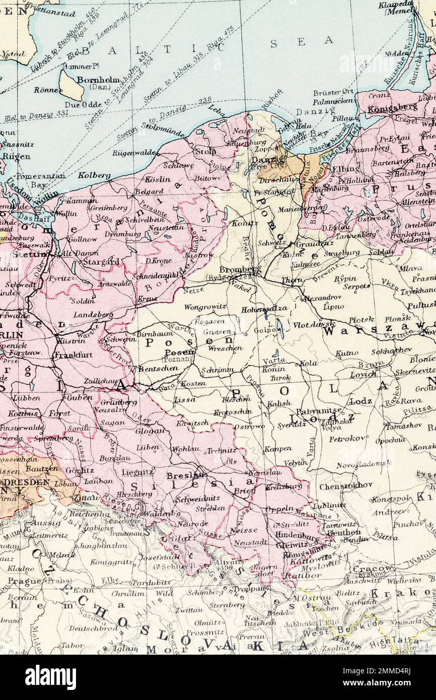 1935 Mappa dell'atlante della Polonia in Europa prima del WW2. Foto Stock