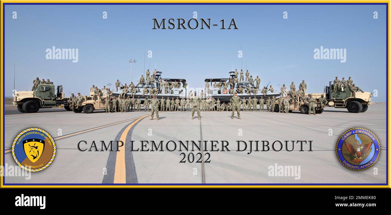 CAMP LEMONNIER, Gibuti (16 settembre 2022) U.S. Maritime Expeditionary Security Forces (MSRON-1) posa per la loro foto di comando. MSRON-1, con sede a Camp Lemonnier, Gibuti fornisce sicurezza portuale e portuale, protezione di beni di alto valore e operazioni di sicurezza marittima nelle vie navigabili costiere del Golfo di Tadjoura. Foto Stock