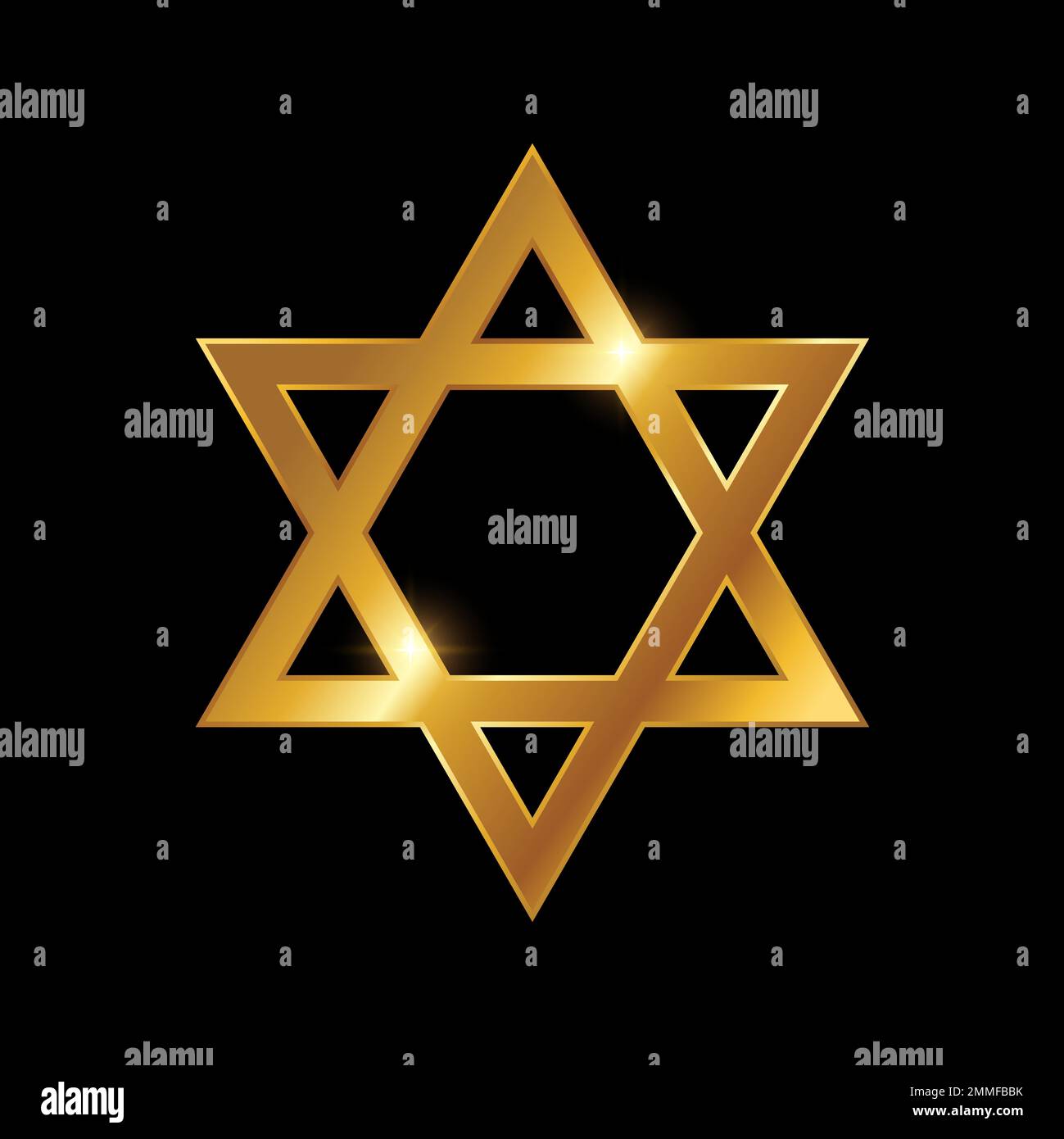 Illustrazione vettoriale del segno della stella del triangolo dell'Hexagram dorato, fondo nero con effetto lucentezza dell'oro Illustrazione Vettoriale
