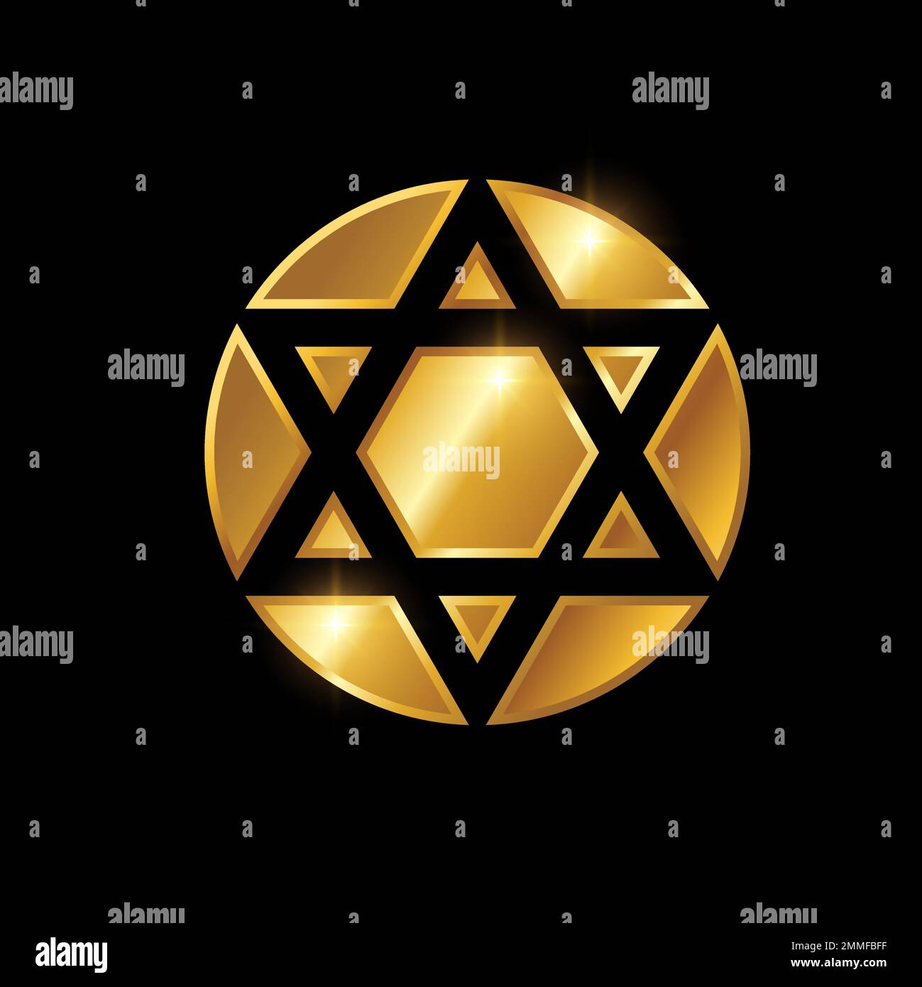 Illustrazione vettoriale del segno della stella del triangolo dell'Hexagram dorato, fondo nero con effetto lucentezza dell'oro Illustrazione Vettoriale