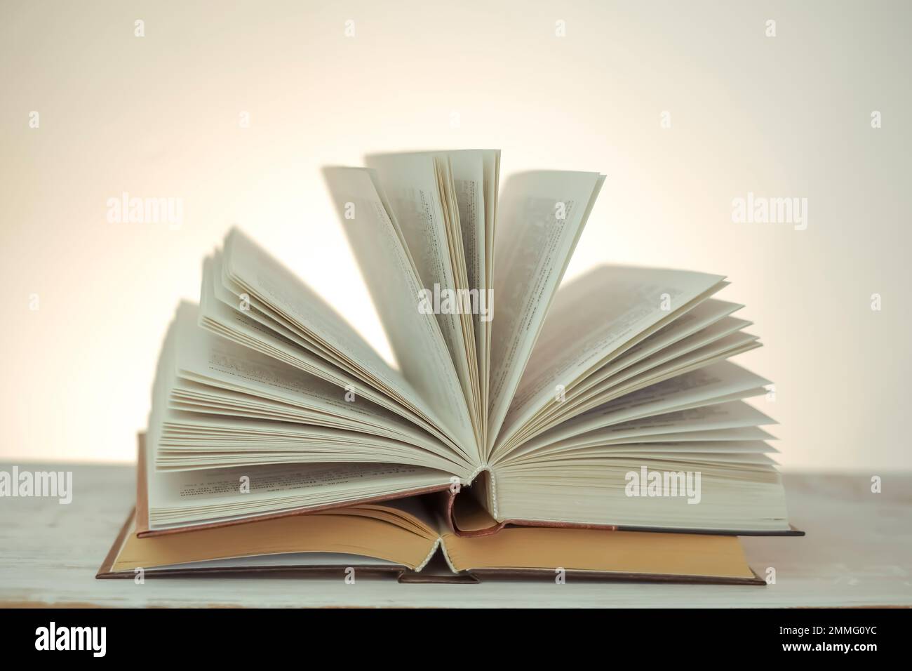 Lettura libri.Apri libri su uno sfondo chiaro con un giallo gradiente.pila di libri su un tavolo di legno.apprendimento e conoscenza symbol.Reading e. Foto Stock