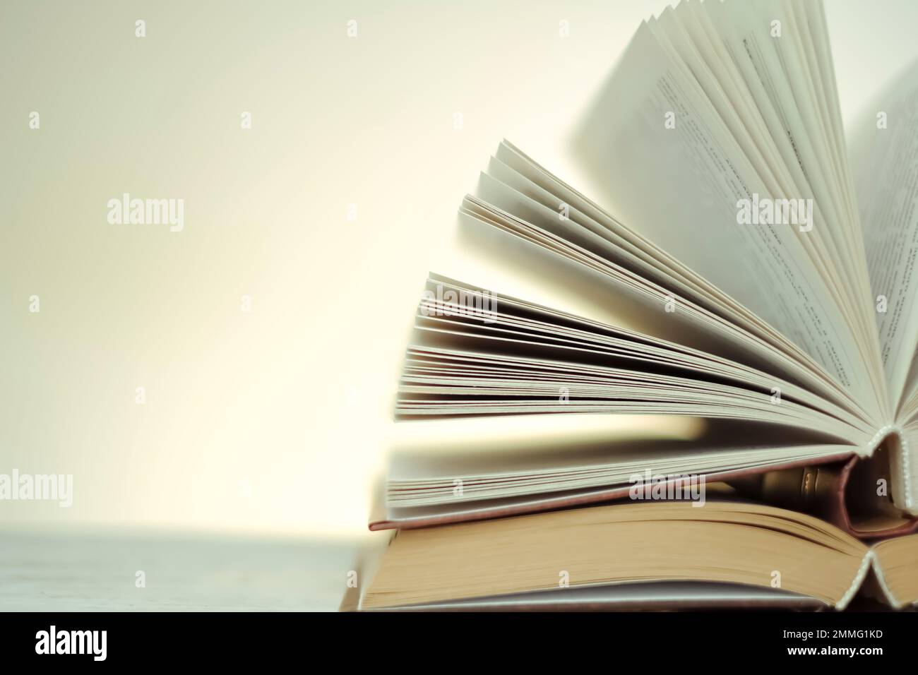 pila di libri su un tavolo di legno su uno sfondo chiaro e sfocato. Soft focus.simbolo dell'apprendimento e della conoscenza Foto Stock