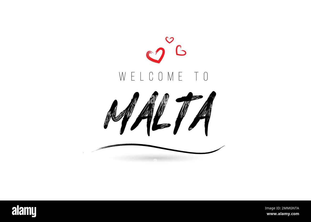 Benvenuti a MALTA paese testo tipografia con cuore d'amore rosso e nome nero. Modello creativo scritto a mano parola icona logo design Illustrazione Vettoriale