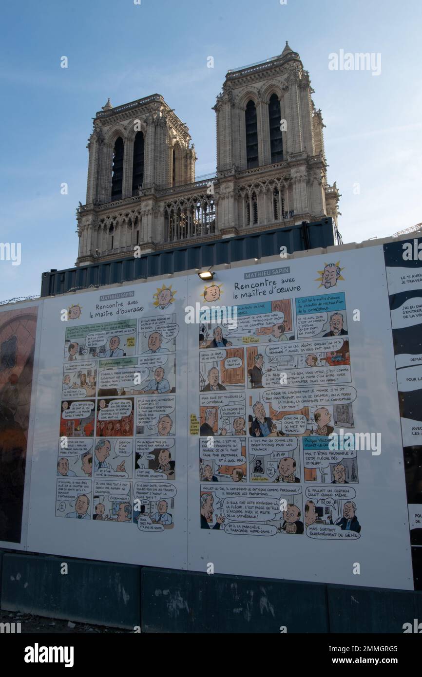 Cattedrale di Notre-Dame Parigi ricostruzione dopo l'evento di incendio. La più grande ricostruzione di un Monumento a Notre-Dame Parigi, Francia Foto Stock