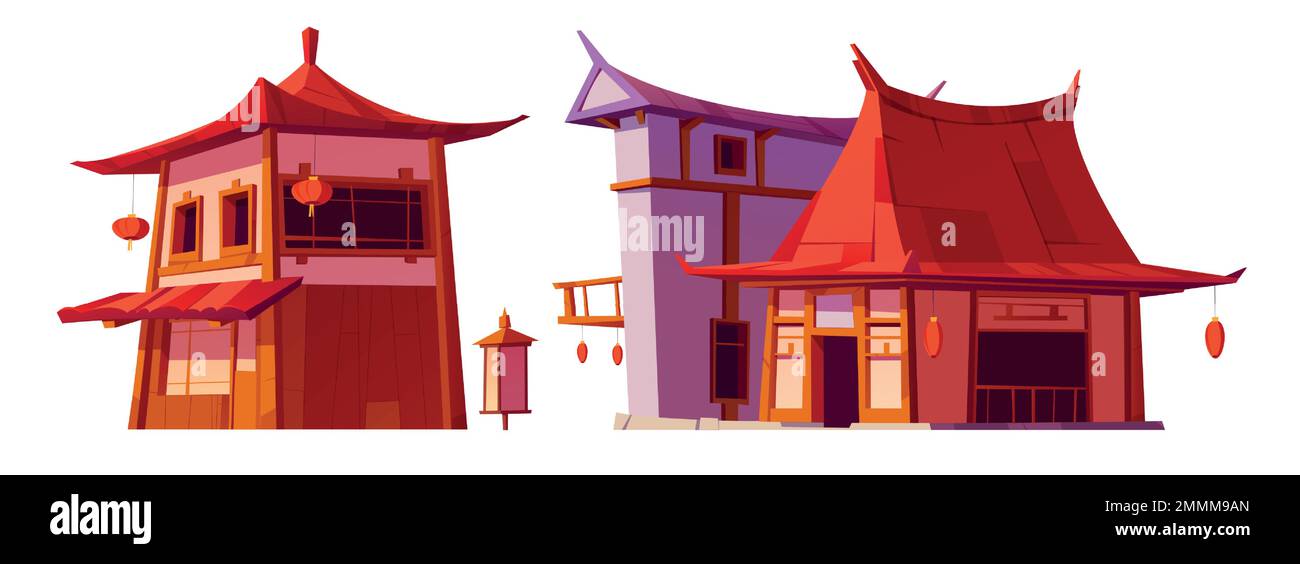 Architettura asiatica, case cinesi, edifici orientali tradizionali in Cina. Edifici cittadini asiatici con tetto rosso, pareti in legno e lanterne, illustrazione vettoriale dei cartoni animati Illustrazione Vettoriale